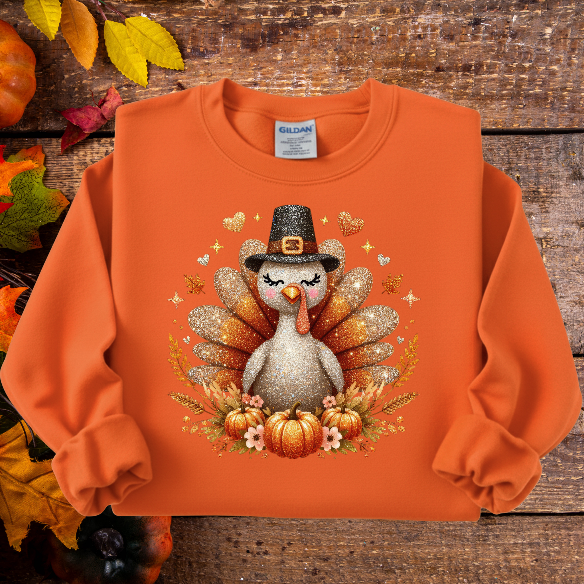 Cute Glitter Turkey Thanksgiving Sweatshirt – Cozy Fall Pullover with Sparkly Turkey & Pumpkins. Perfect for Thanksgiving Outfit