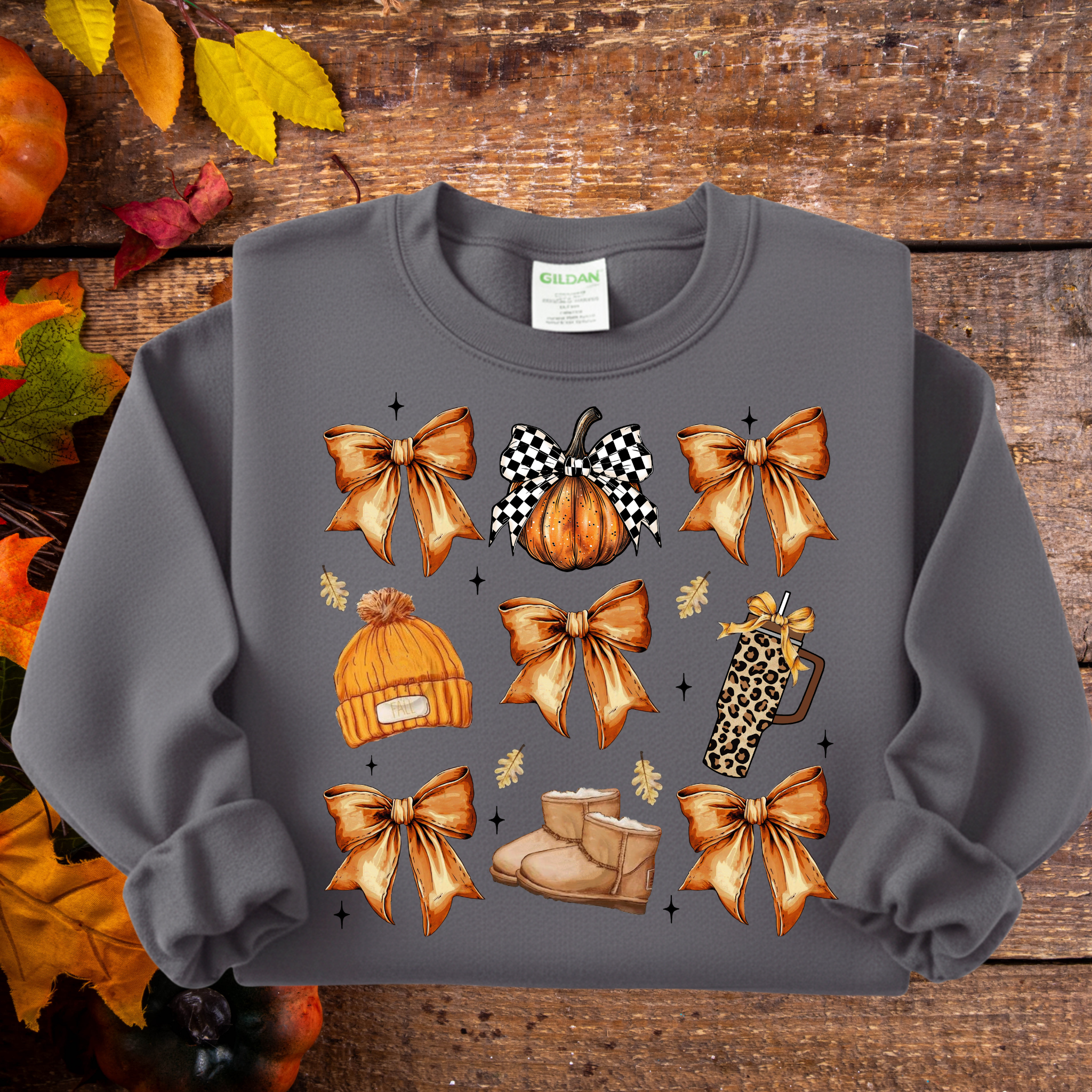 Cozy Fall Bows & Pumpkin Sweatshirt | Women’s Autumn Crewneck | Gildan 18000 Unisex Fit