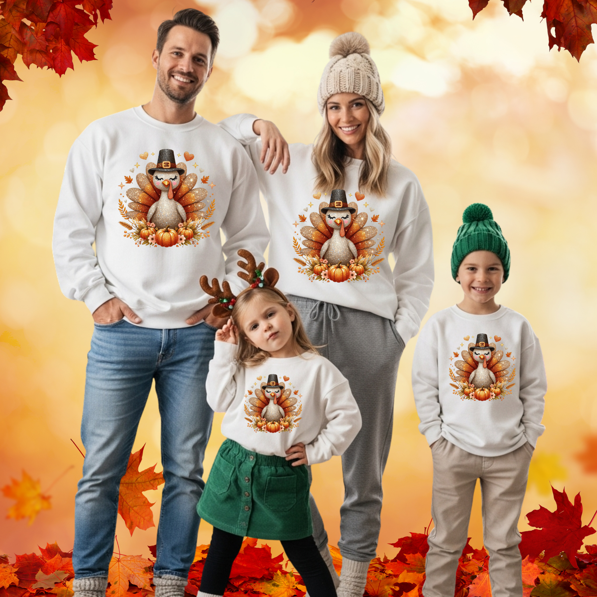 Cute Glitter Turkey Thanksgiving Sweatshirt – Cozy Fall Pullover with Sparkly Turkey & Pumpkins. Perfect for Thanksgiving Outfit