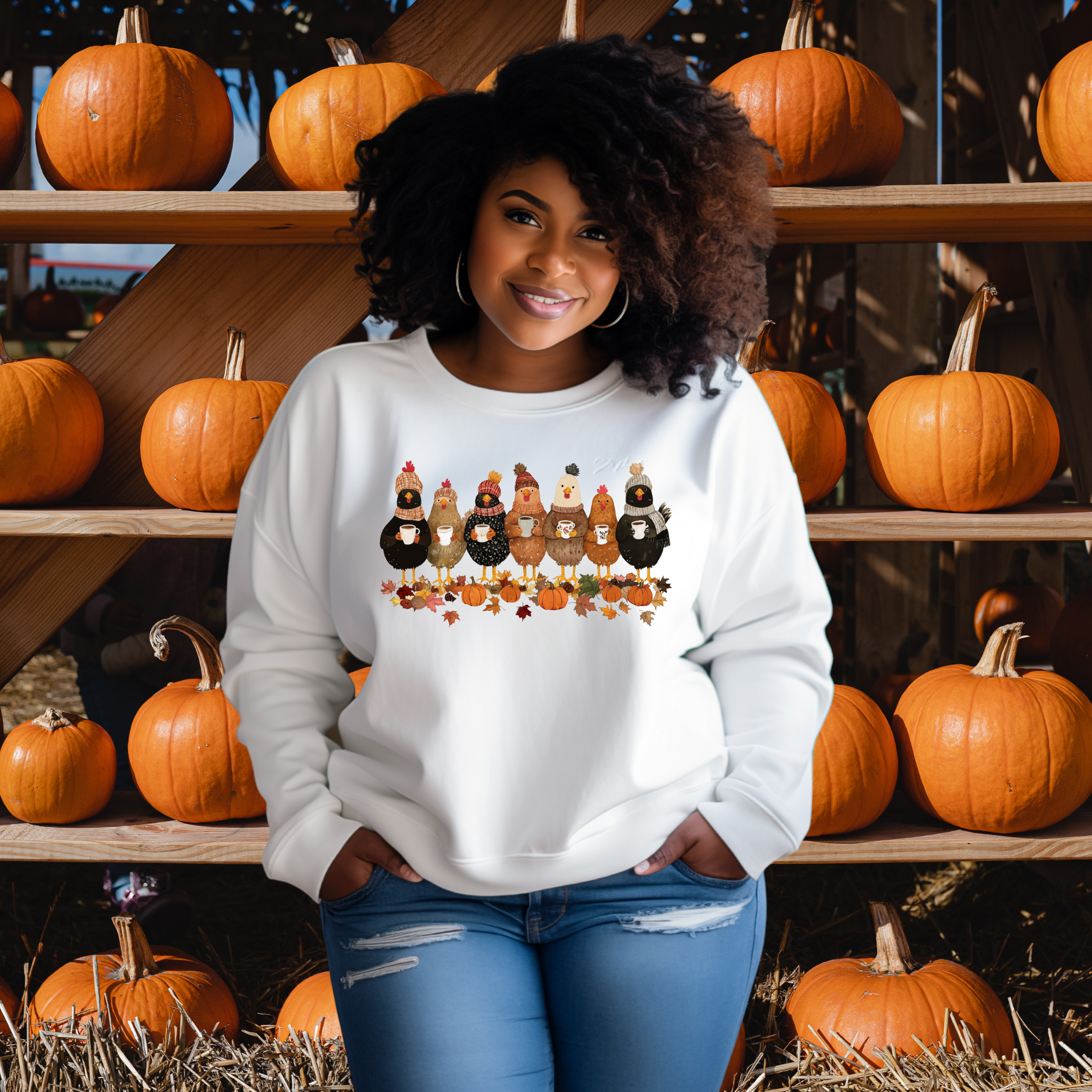 Fall Chicken Coffee Sweatshirt – Funny Thanksgiving Crewneck, Cozy Autumn Sweater, Cute Pumpkin Latte Shirt for Women